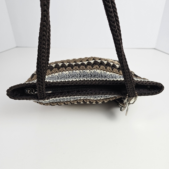 The Sak Crochet Shoulder Bag Brown Tan Gray Striped Tote Purse Tassel Boho - Picture 5 of 7